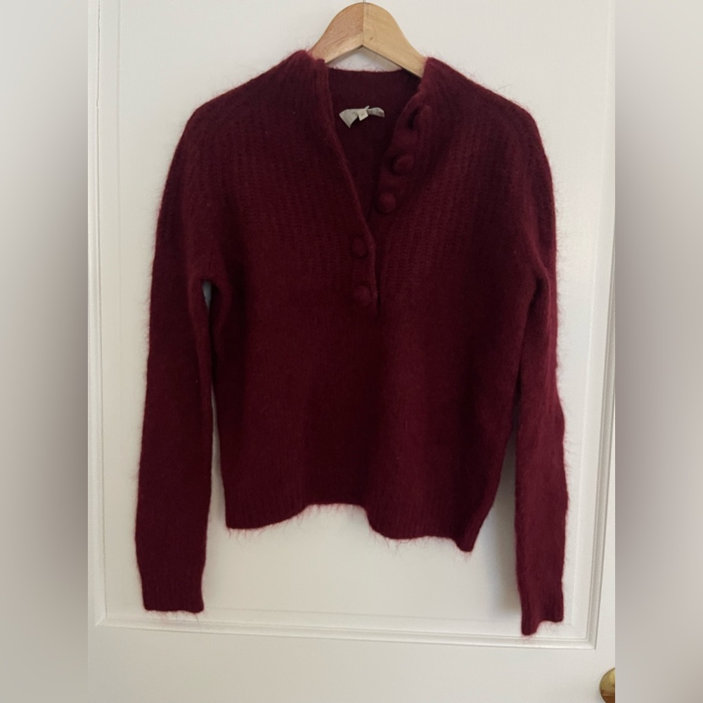 Sezane Burgundy Mohair-Blend Crew Sweater with Button Placket